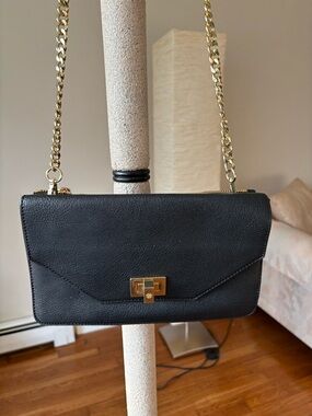 Ann Taylor Black faux Leather Crossbody with Gold Chain Strap
